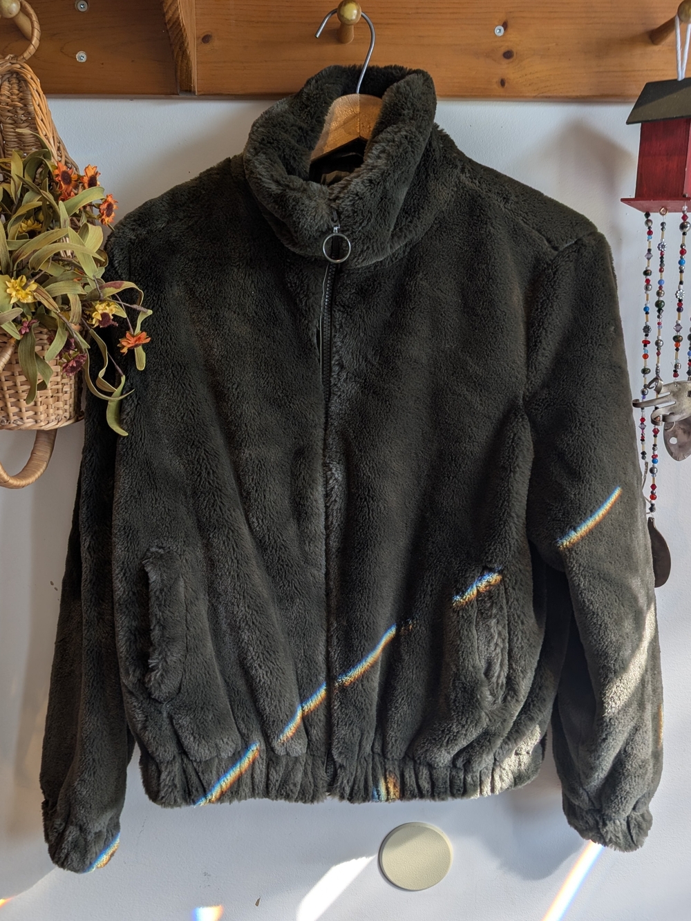 Ci Sono LA. Plush Faux-Fur Bomber Jacket in Dark Olive